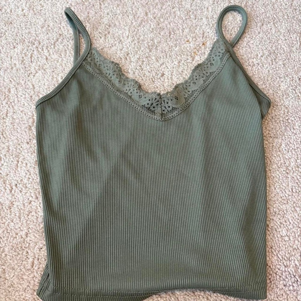 Olive Green Lace-Trim Ribbed Camisole Top